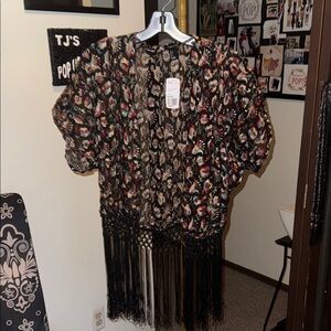 Forever 21 Multicolor Floral Kimono with Fringe